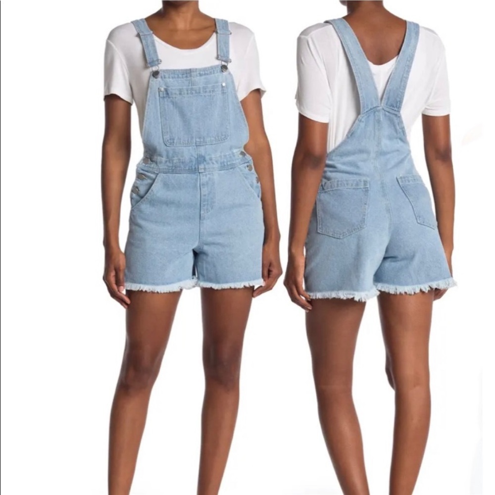 Light Denim Frayed Hem Short Overalls by Abound Plus 3X